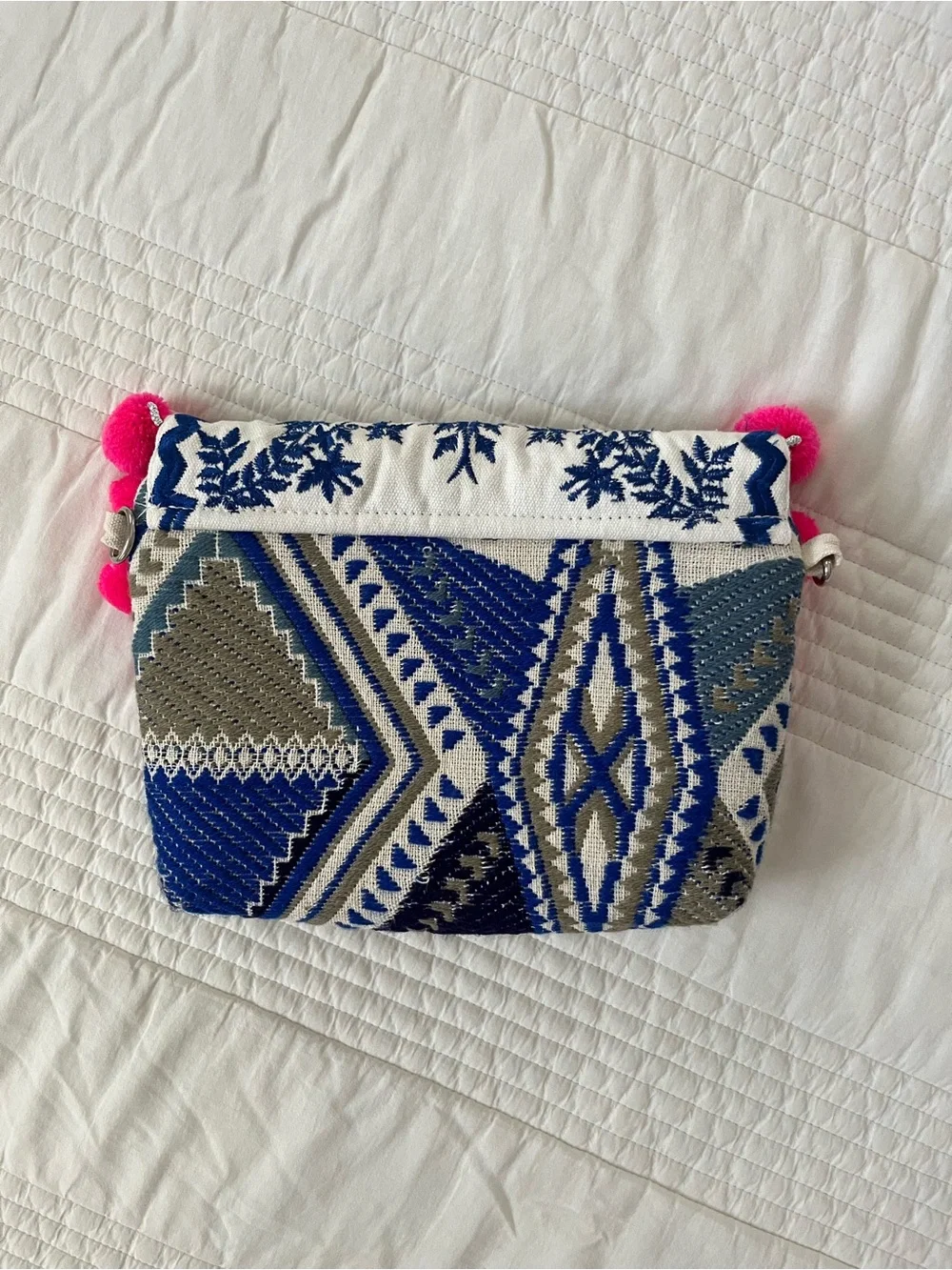 Embroidered Blue & Hot Pink Pom-Pom Women's Clutch